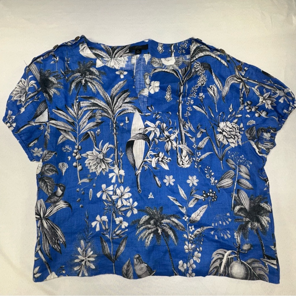 J Crew 2 Piece Set Shirt Skirt Size Large Ratti Tropical Linen Blue Aviary